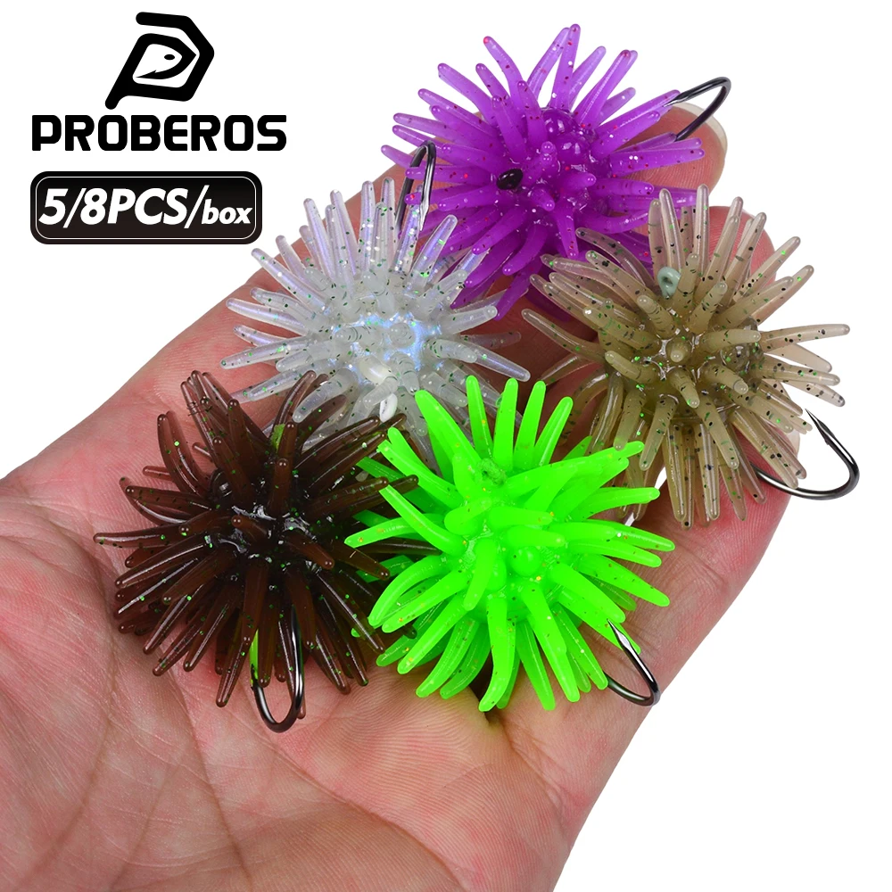 PROBEROS 5/8 Stück Box Weiche Angelköder in Seeigel-Form, Silikonköder mit Scharfem Einzelhaken, Glitzer-Jig-Köder für Salzwasser-Barsch-Angeln