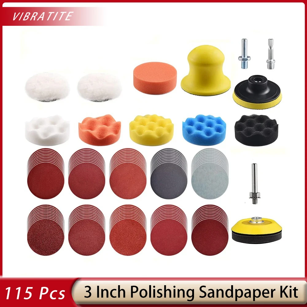 

115 Pcs 3 Inch Polishing Pad for Drill Sanding Kit with 5/16" and 1/4" Shanks for Car Buffer Polisher Waxing Sealing Sanding Pad