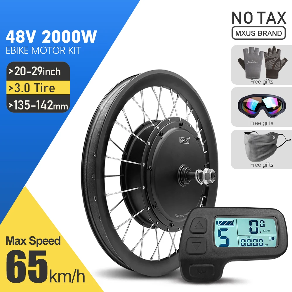 MXUS 48V 2000W Electric Bike Coversion Kit 3.0tire 26''27.5''29''700C Brusheless Gearless Rear Hub Motor Wheel with LCD3 Display