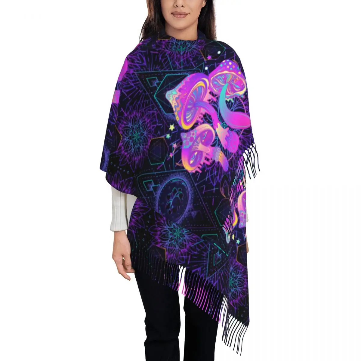 Psychedelic Shrooms Scarf for Womens Winter Warm Pashmina Shawl Wrap Mushroom Abstract Trippy Long Large Shawl Scarf Ladies