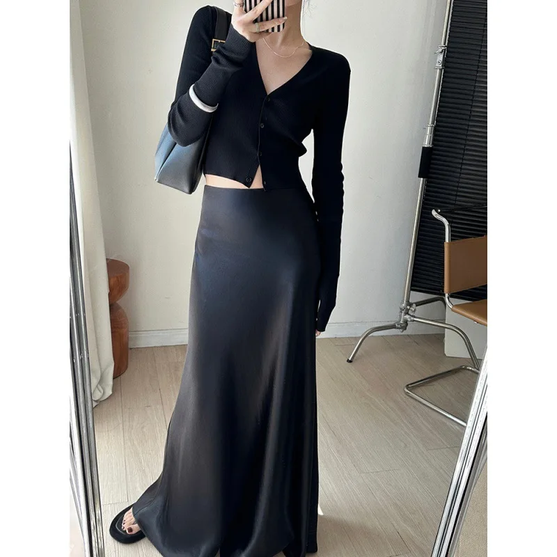 High Waisted Diagonal Cut Acetate Satin Long Skirt For Women 2024 Summer New Slimming Fashionable Hanging A-line Skirts Black