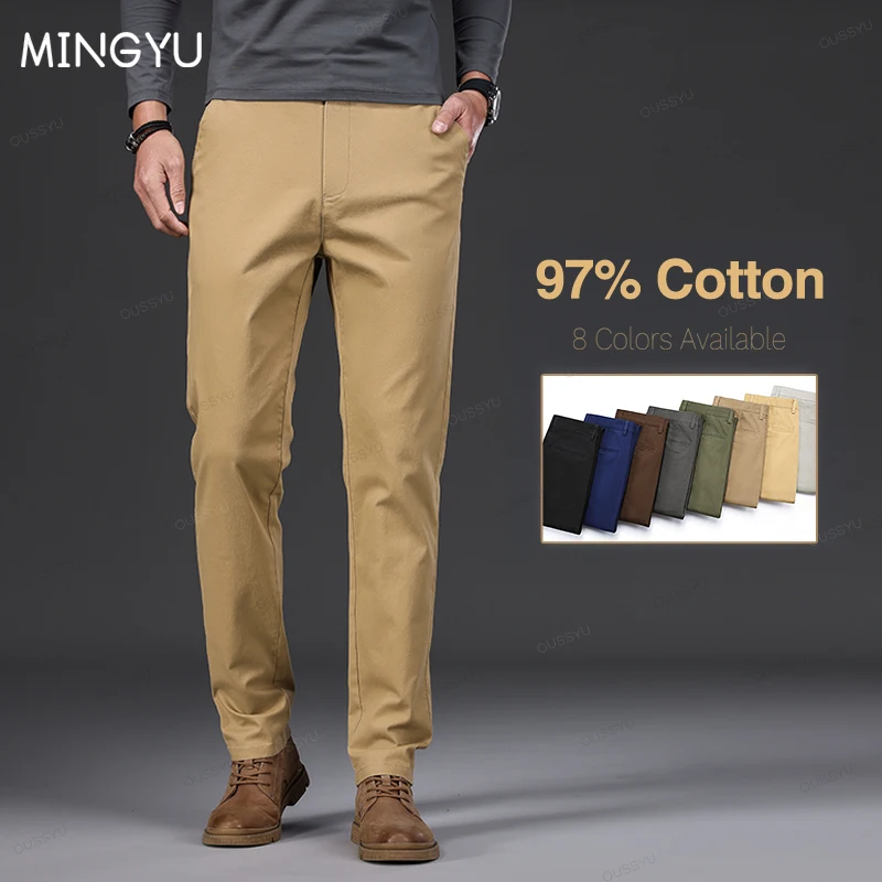 

97% Cotton Men's Casual Pants Autumn Fashion Comfortable Elastic Slim Straight Business Trousers Black ArmyGreen Khaki Gift