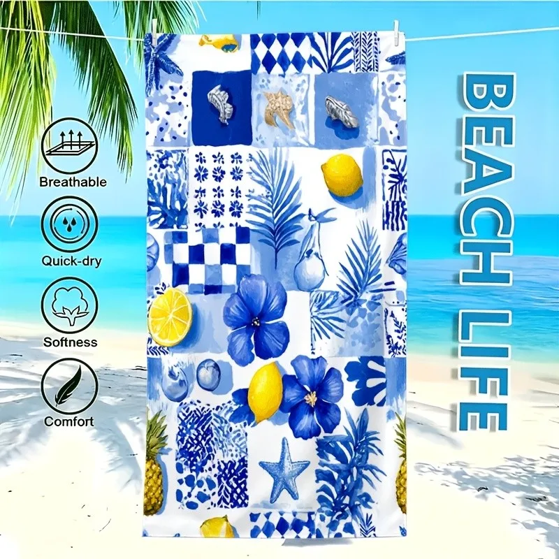 Navy White Stripe Cherry Fruit Pattern Beach Towel For Vacation Beach Sunbathing Poolside Daily Quick Dry Towel