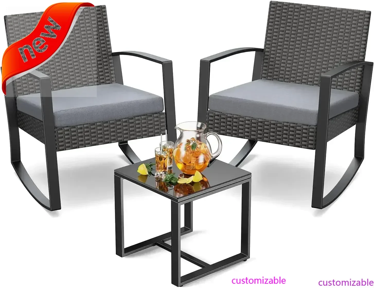 

Customizable-3 Piece Wicker Patio Furniture Set, Outdoor Rocking Chairs, Outdoor Furniture With Table & Cushions, Patio Chairs B