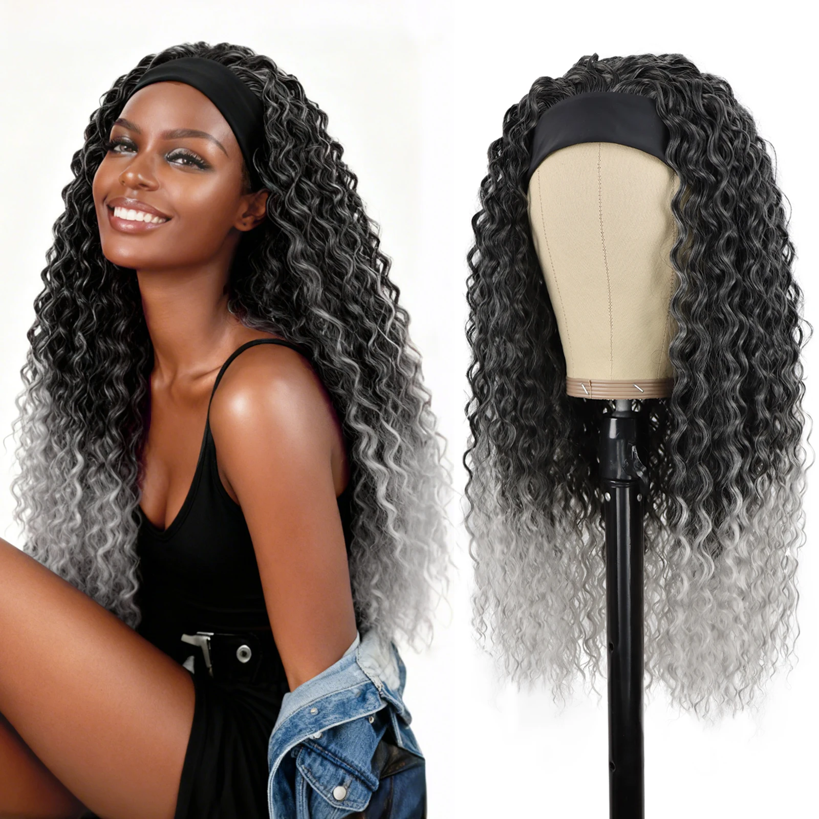 

Synthetic Curly Headband Wigs for Black Women Wet and Wavy Afro Headband Wig Water Wave Daily Party Halloween Christmas Use