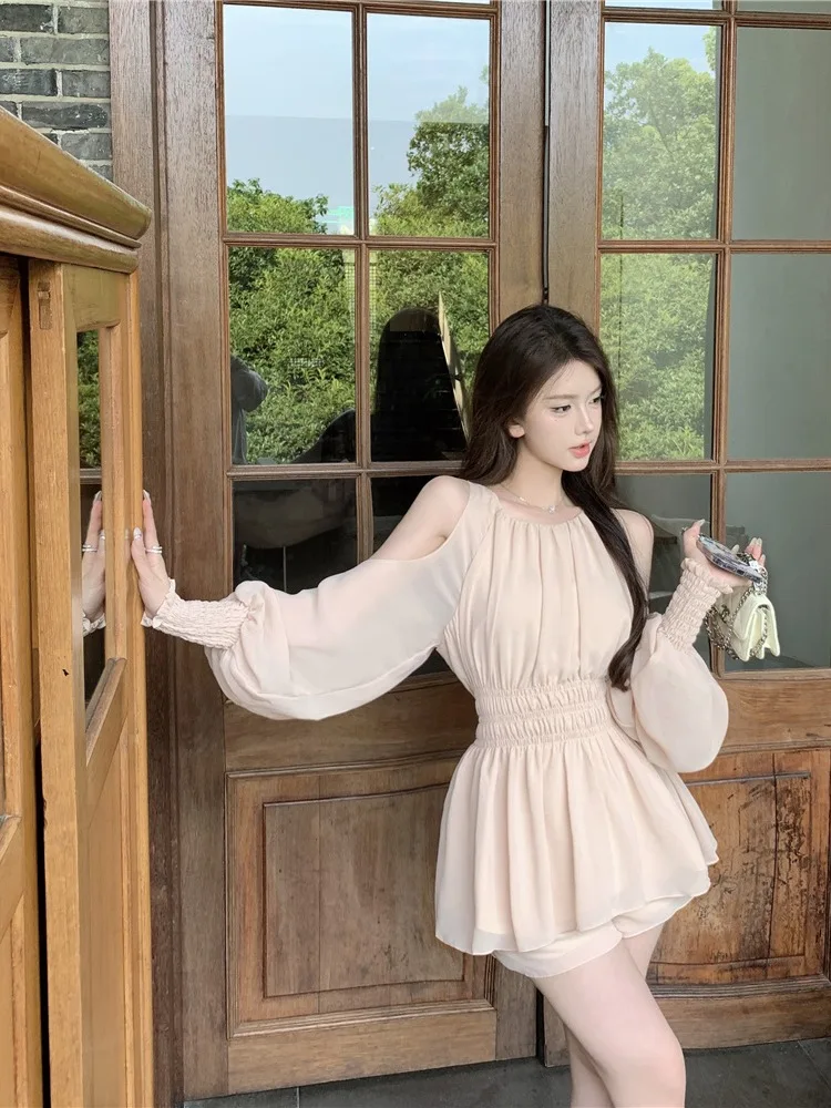 2025 Summer French Style Gentle Off-Shoulder Long Sleeve Chiffon Blouse Sweet Casual Straight Pink Shorts Two-Piece Set