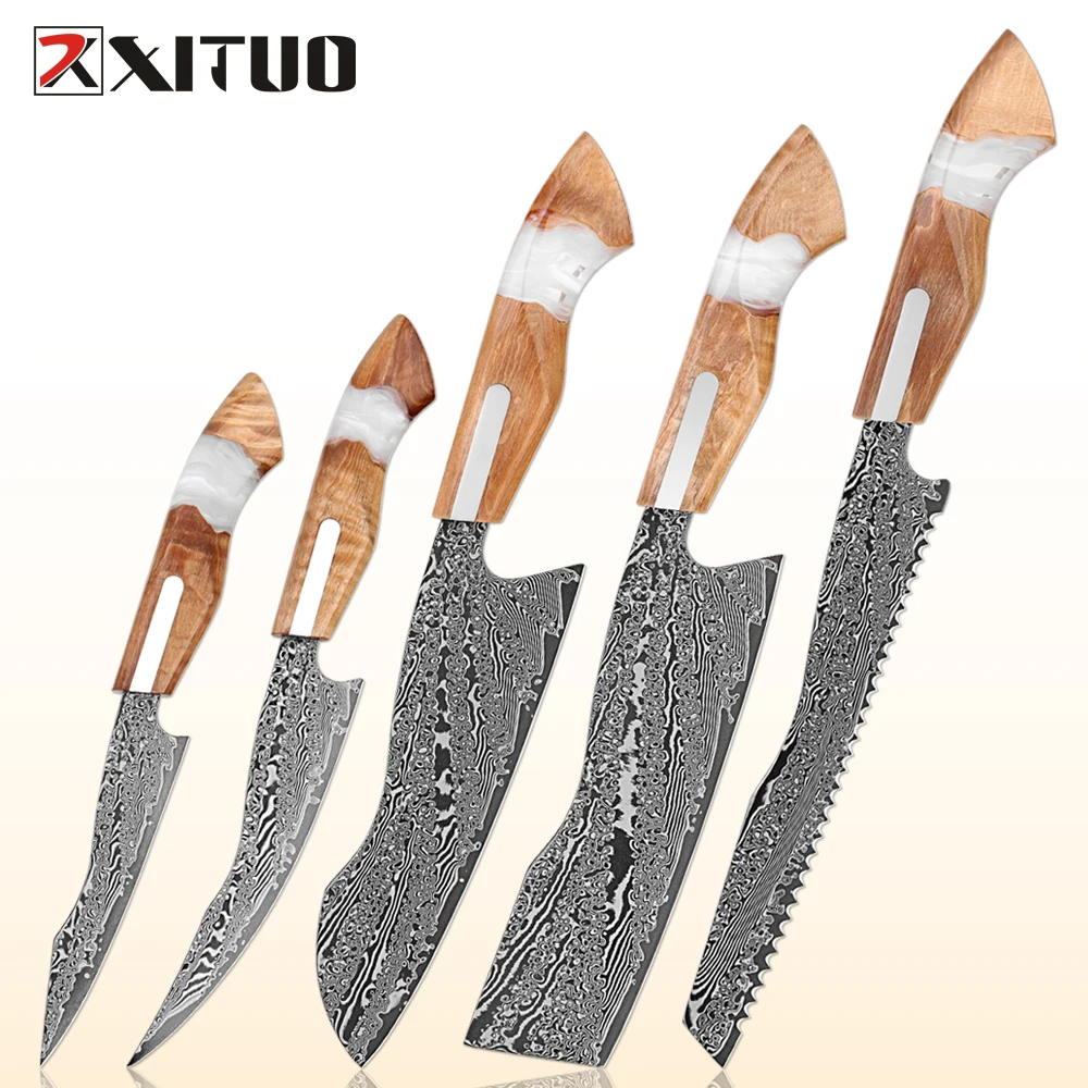 

1-5PCS Kitchen Knife Set,Ultra Sharp Professional Damascus Super Steel Chef Knife Set Including Chef,Bread,Santoku,Utility Knife
