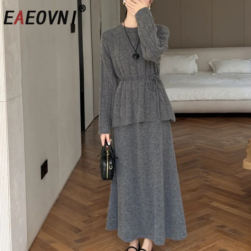 

EAEOVNI женский вязаный комплект, модный однотонный свитер на шнуровке с длинными рукавами + юбка трапециевидной формы, элегантная осенне-зимняя новая одежда 2023 г.