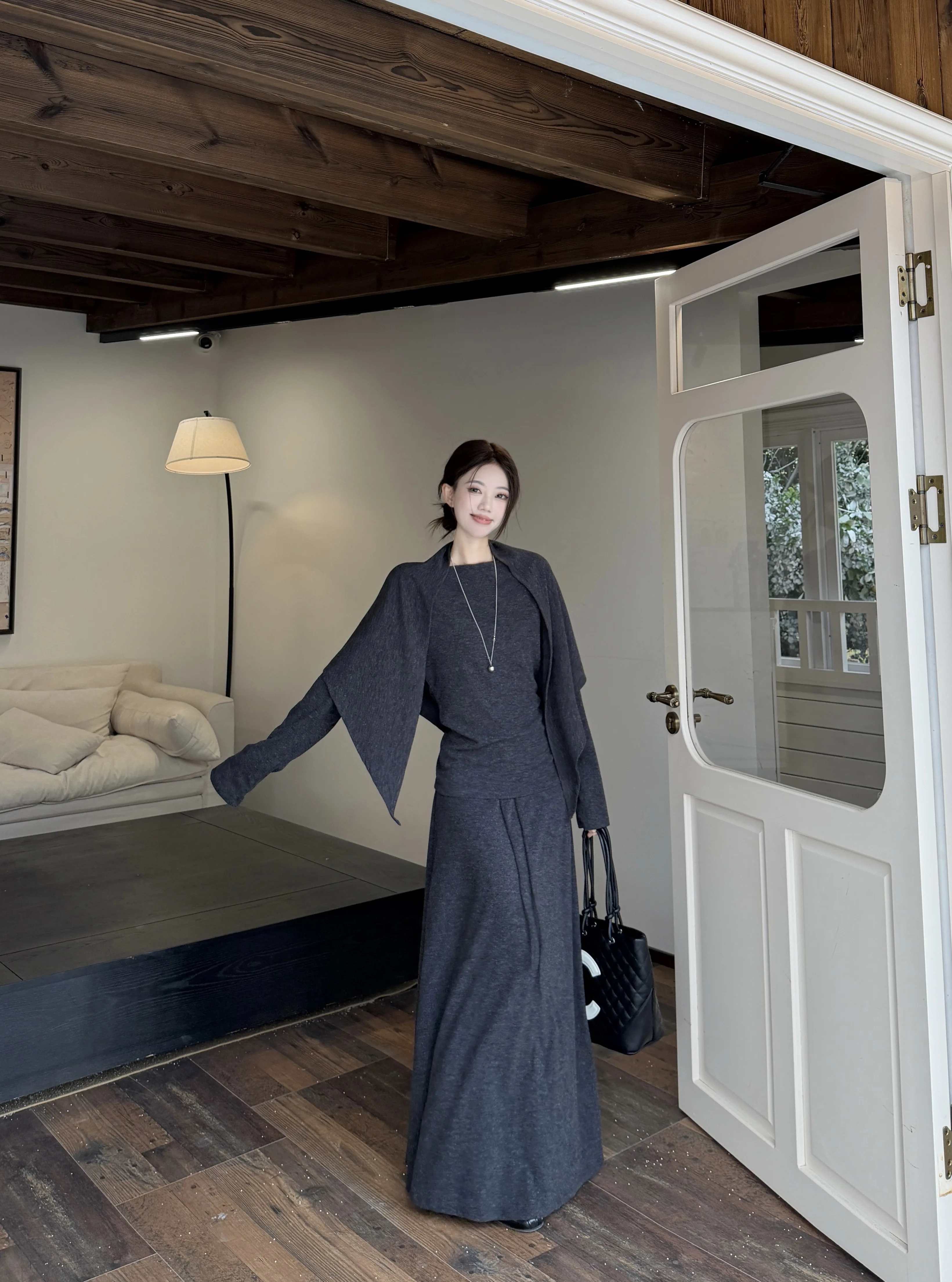 

Elegant Women's 3-piece Set Skirt Grey Off-the-shoulder Knit Tops Drawstring Slim A-line Skirts Shawl Autumn Casual Outfit Y2K