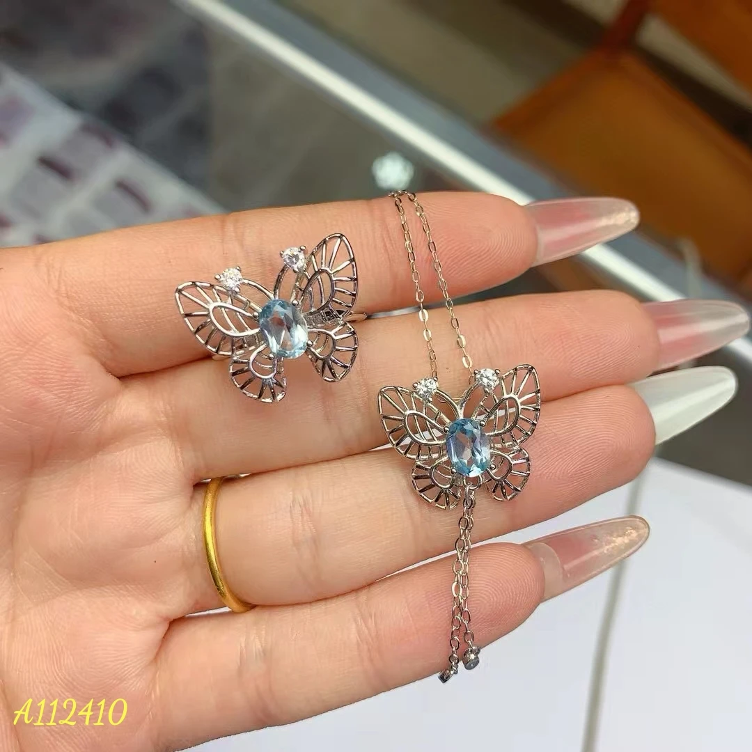 Pure Natural Aquamarine Butterfly Shaped Women's Ring Necklace Set S925 Pure Silver Inlaid Light Blue High Clarity Support Test