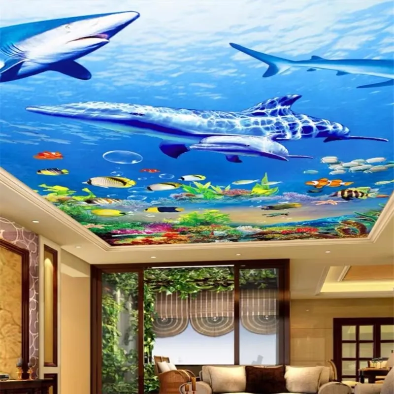 Custom Wallpaper 3d mural Ocean World Dolphin Shark Ceiling Papel de parede Living Room bedroom Mural wallpapers Home Decor Обои