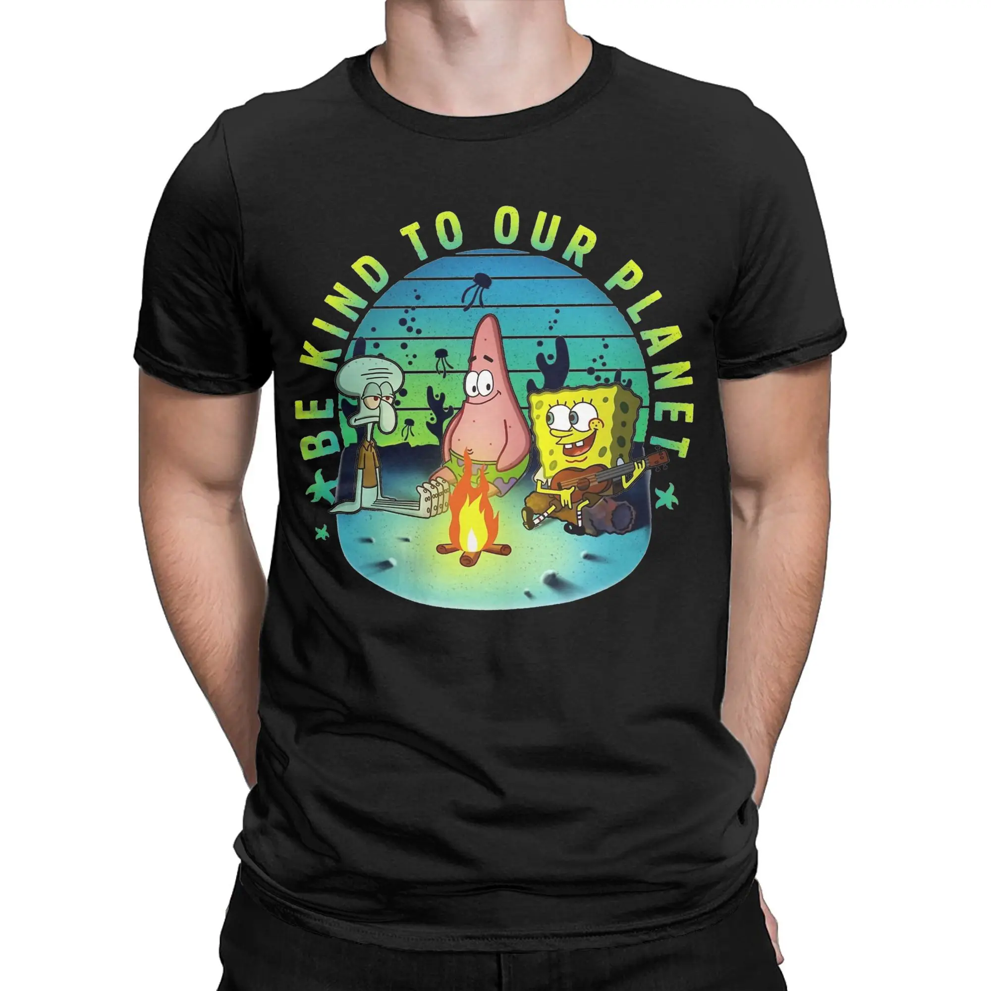 Casual Spongebobed  Be Kind Campfire Earth Day Group T-Shirt Men O-neck Short Sleeve Tops  100%Cotton Summer Tops