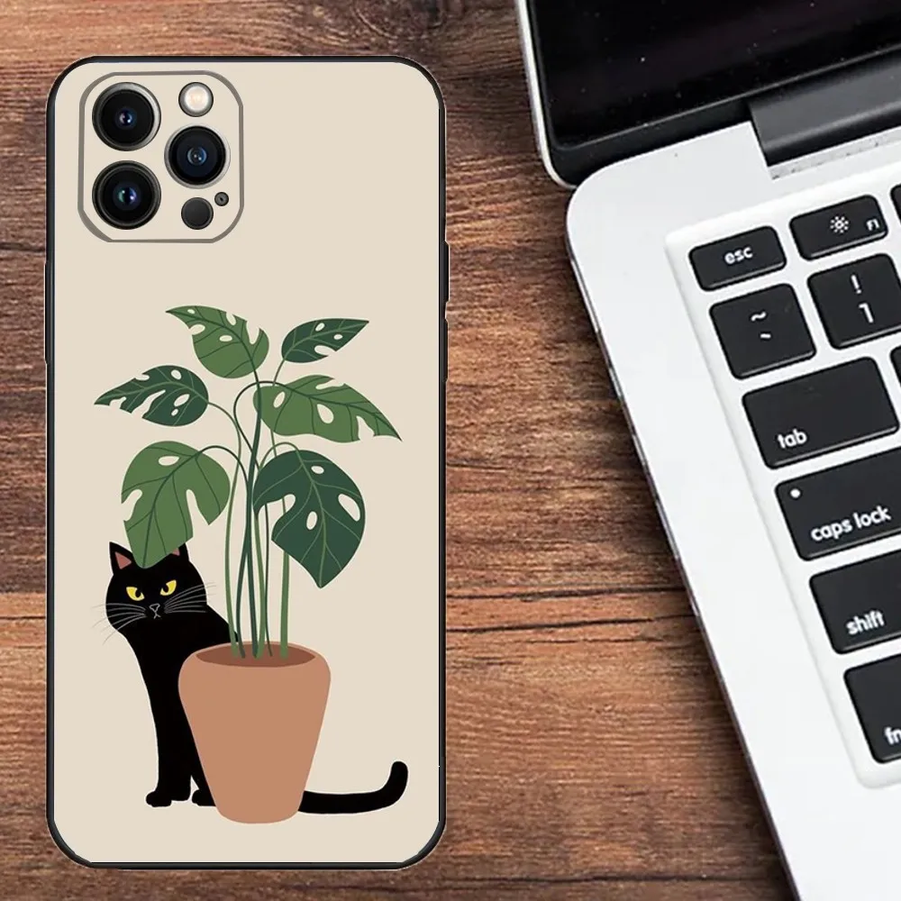 Plants and Cat Minimalism Phone Case For Apple iPhone 15,14,13,12,11,XS,XR,X,8,7,Pro,Max,Plus,mini Silicone Black Cover