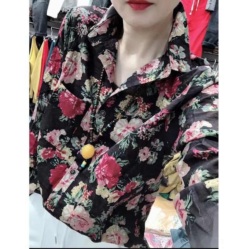 Korean Commute Spring Autumn New Cotton Blouses Women Spliced Pocket Polo Collar Printed Loose Long Sleeve Single-breasted Shirt