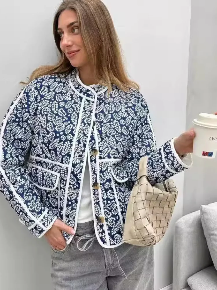 

2025 Autumn Winter Single Breasted Pockets Female Jackets Fashion Floral Printed Women Padded Coat Chic Lady Outerwear Street