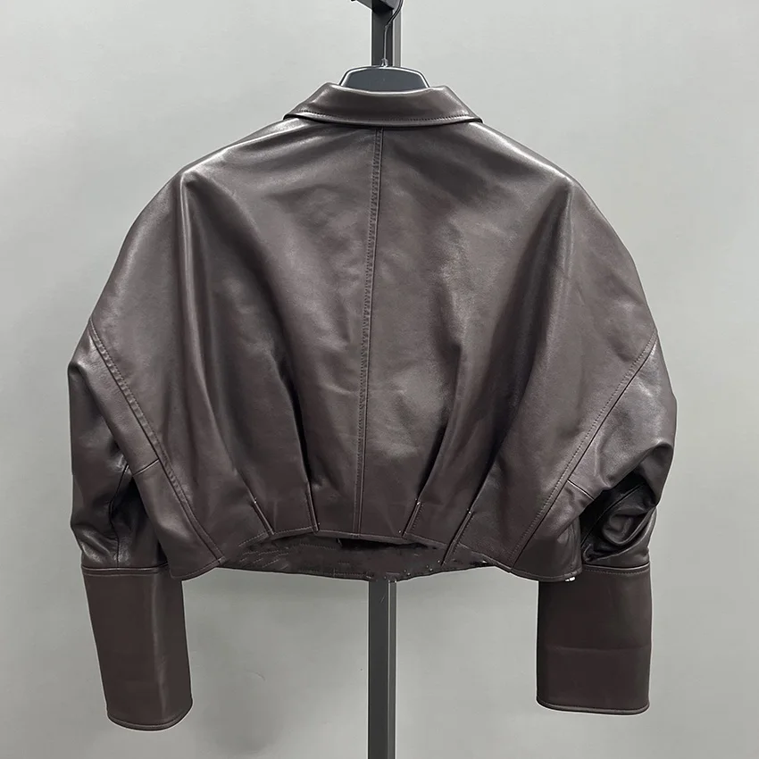 JANEFUR Women Spring Black Genuine Leather Short Jacket Coat Autumn Loose Real Leather Sheepskin Overcoat JFB6-25002