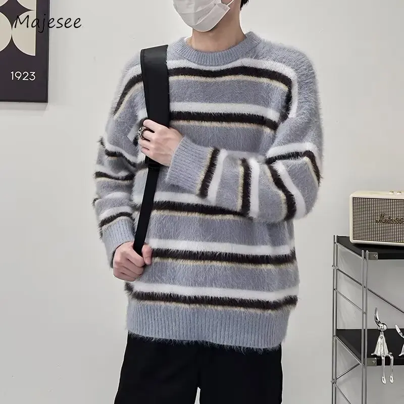 Fluffy Striped Sweaters Men Japanese Style Loose Panelled Slouchy High Street Warm Knitted Pullovers All-match College Students