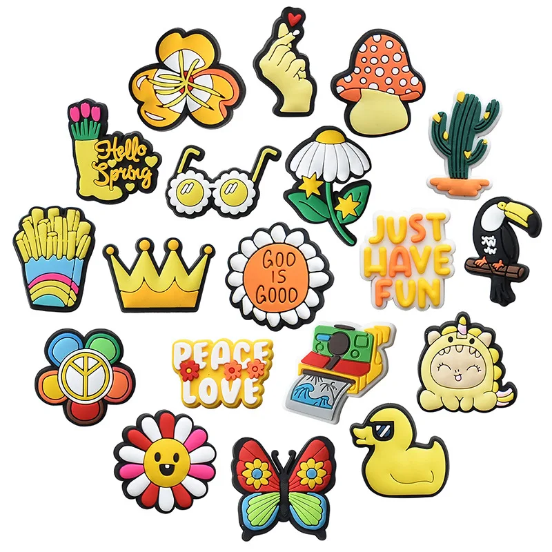 Y2K Hippie Cute Flower Hole Shoe Charms PVC Clog Buckles Mushroom Duck Camera Peace Sign DIY Sandal Trendy Decor Teen Party Gift