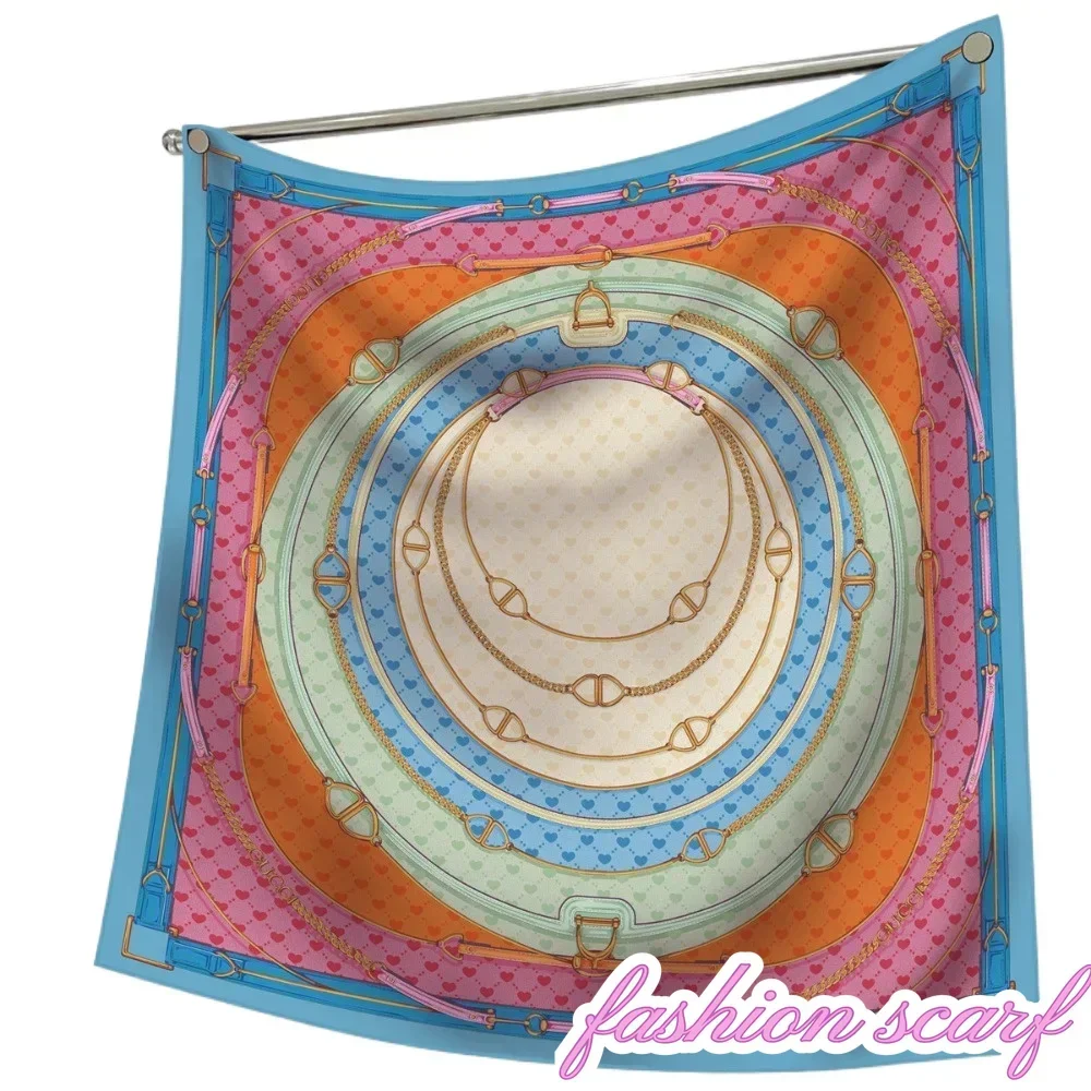 90CM French Love Circle Belt Chain High Quality Twill Silk Shawl Sunscreen Large Square Scarf Decorative Scarf Wholesale