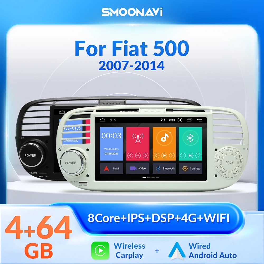 8 Core AI Voice Wireless Carplay 4GB 64GB Android 12 Car Multimedia Player For FIAT 500 GPS Navigation RDS Stereo Audio IPS DSP