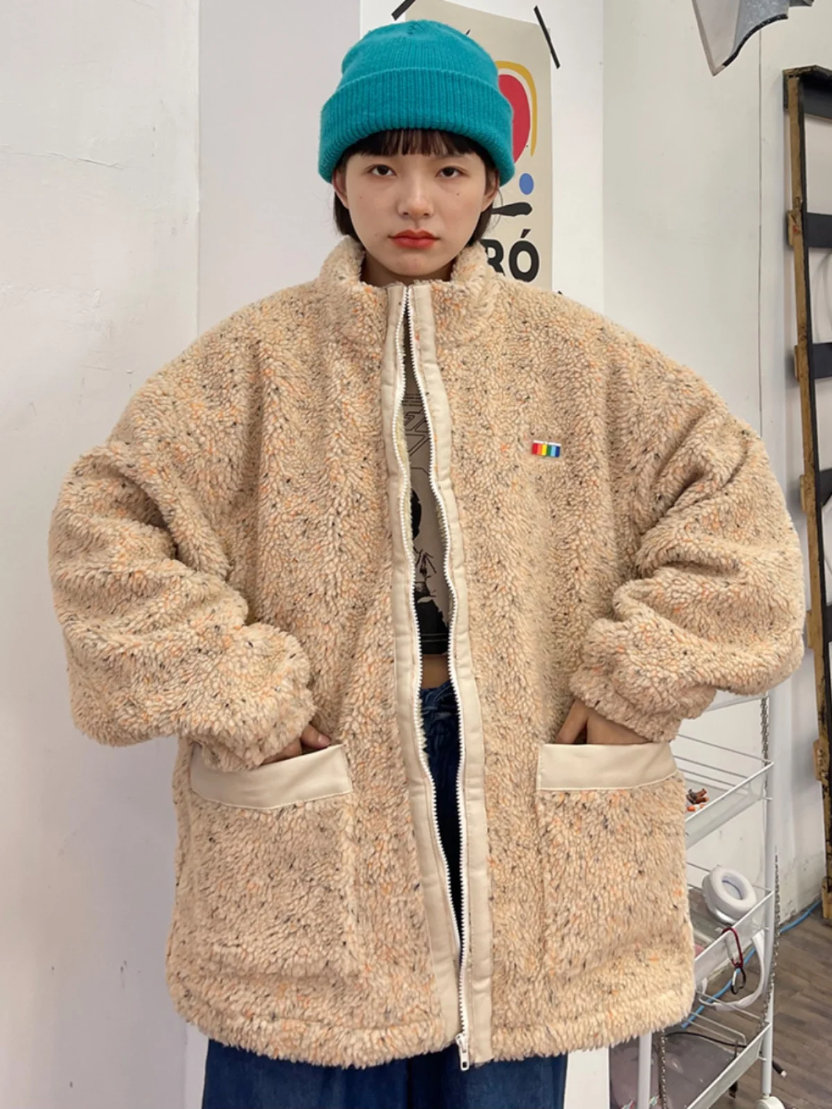 Soft Glutinous Colored Dotted Lamb Plush Thickened Cotton jackets for Women's 2023 Winter New Loose BF Japanese Retro Coats