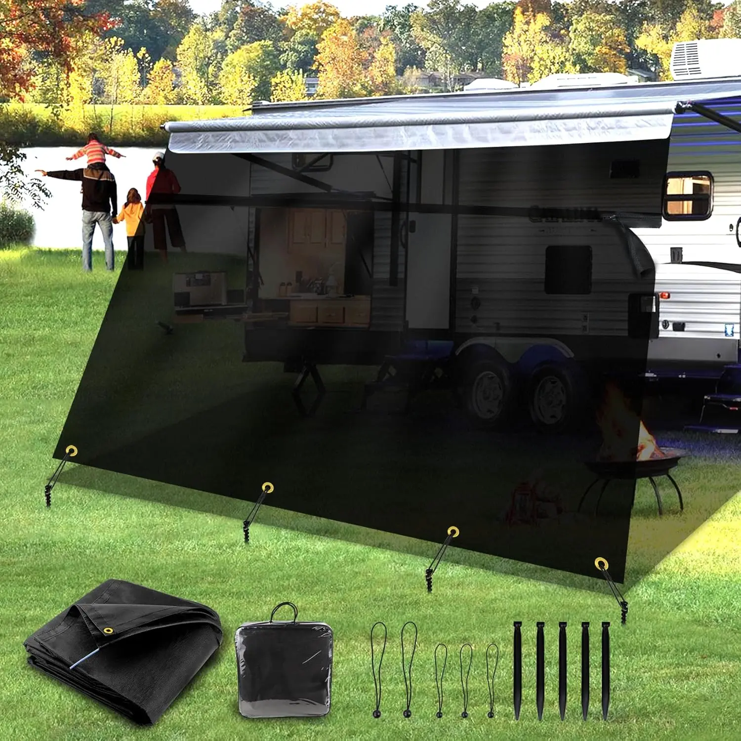 RV Trailer Camper Use, 600D Mesh Material, Black Color, Blocks 88% Sunlight and Improves Shade & Privacy