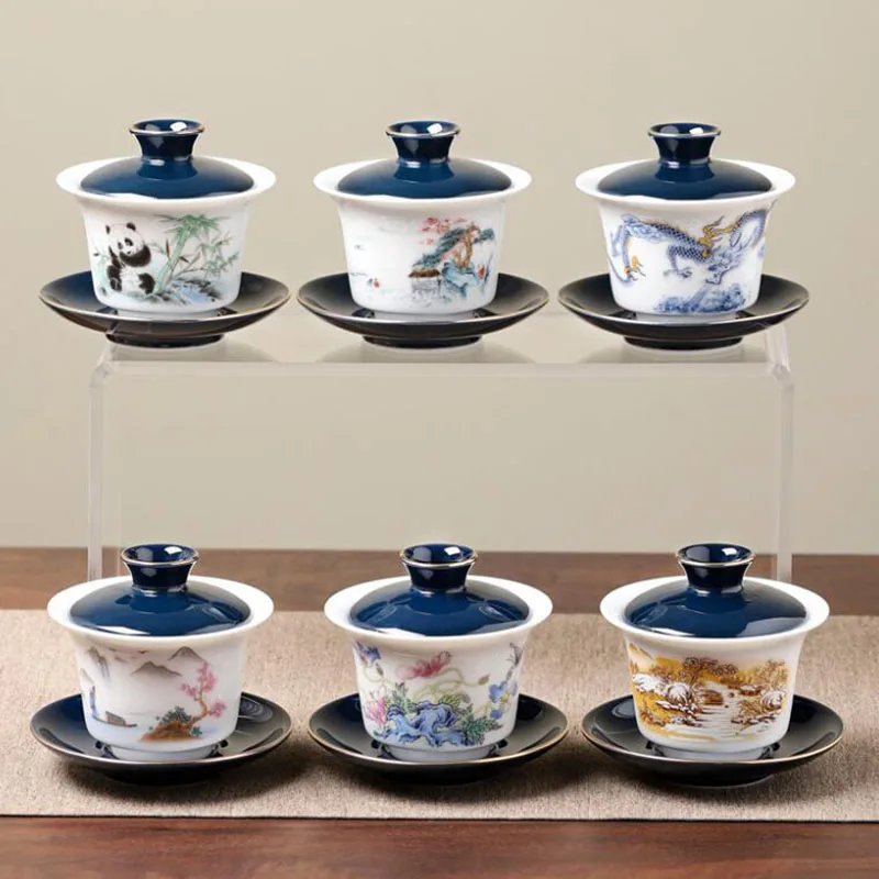 White Jade Porcelain Tea Tureen Gold Edge Respect Tea Cup Infuser Bowl Kungfu Tea Set Kitchen Drinking Accessories