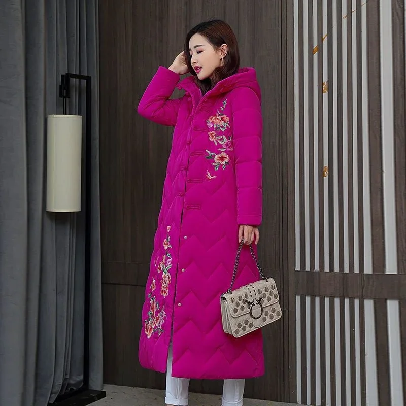 Hiver vers le bas coton rembourré femmes Style National chinois brodé longue vêtements d'extérieur épaissi chaud à capuche Parka manteau femme