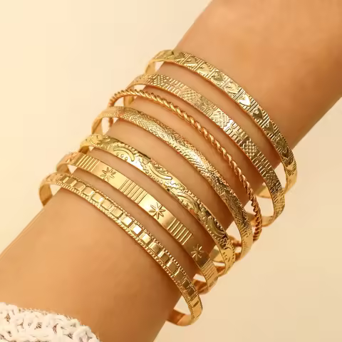 Stainless Steel 7 Pcs/Set Punk Bracelets for Women Girls Goth Heart Prints Metal Design Open Bangle Party Fashion Jewelry Gifts