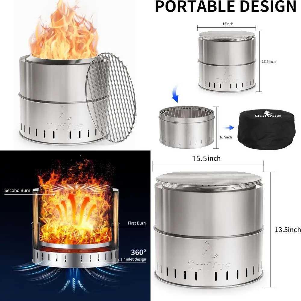 

"15.5" outdoor wood-burning fire pit with bbq grill and carry bag, smokeless for ca