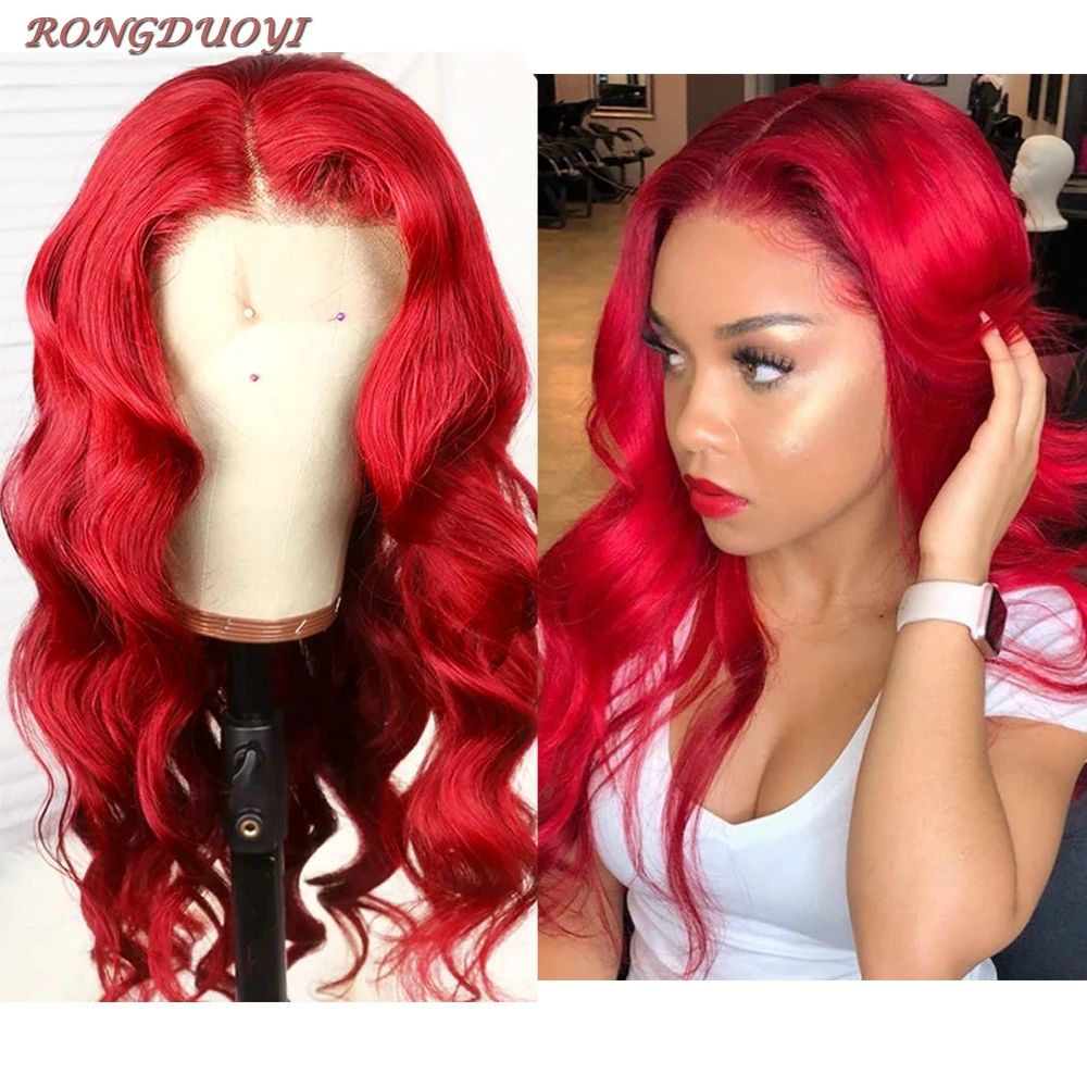 Wig merah panas Wig depan berenda sintetik gelombang tubuh untuk wanita Wig tahan panas siap untuk rambut sintetis Wig renda merah Cosplay