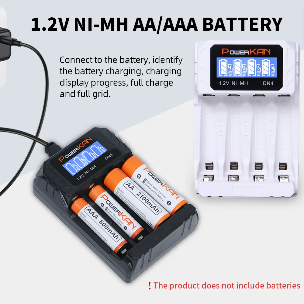 POWERKAN 4-Slot LCD USB-C Universal Input Battery Charger for AA AAA Batteries Independent Charging 