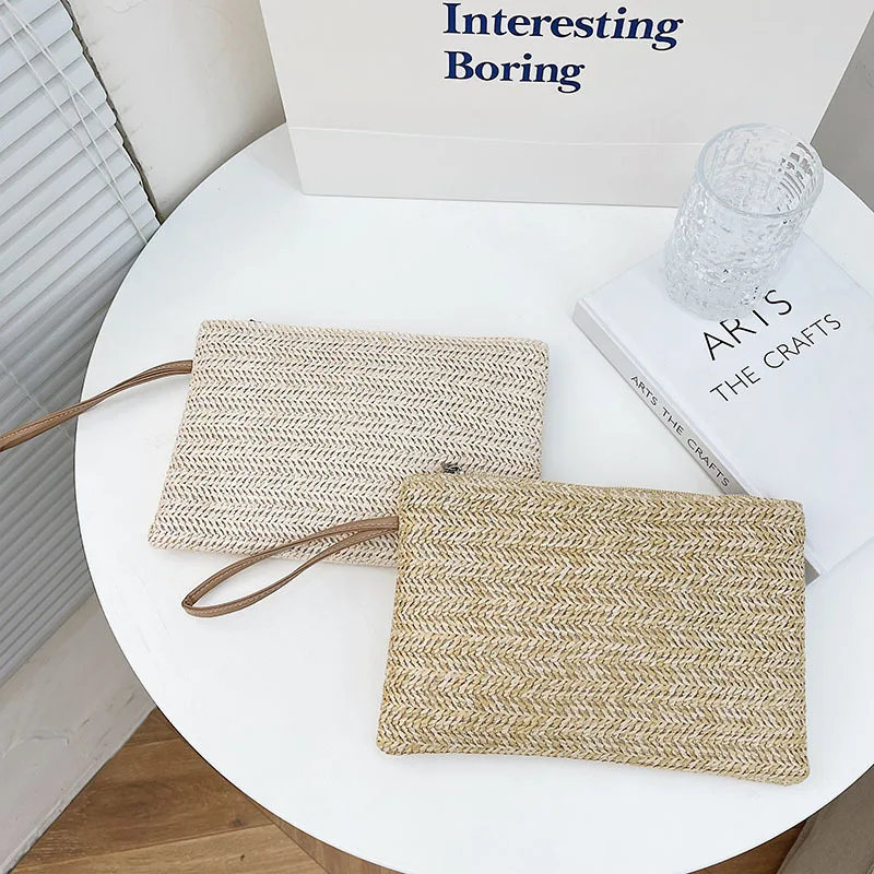 Weaving Bag Fashion Ladies Wristlet Clutch Women Daily Money Phone Clutch Solid Straw Woven Coin Purse Beach Wallet Card Holder