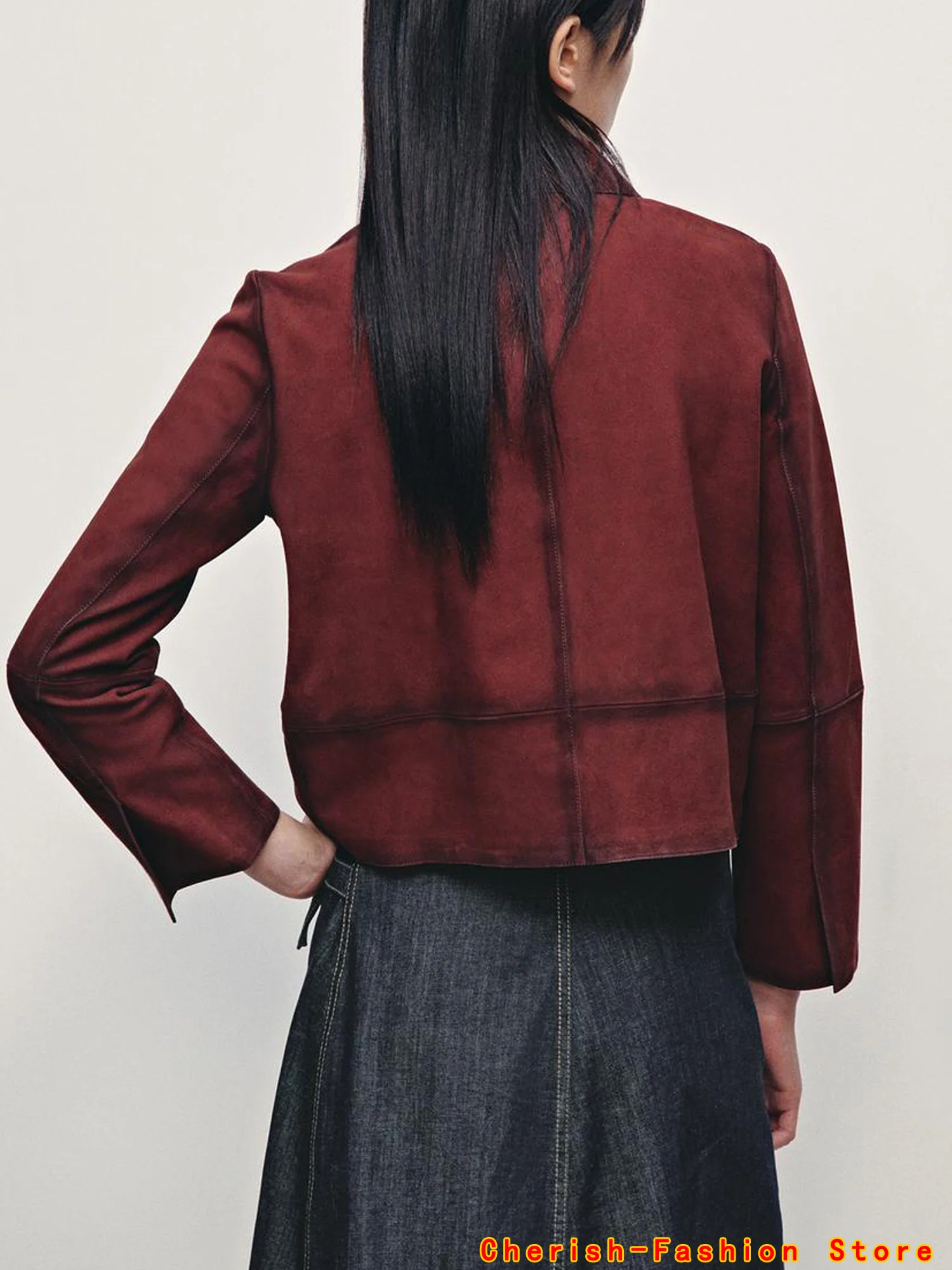 2025 Women's ort Outerwear Coat with Turn-down Collar Long Sve Single Button Versatile Autumn New Arrival Suede Short Jacket Red