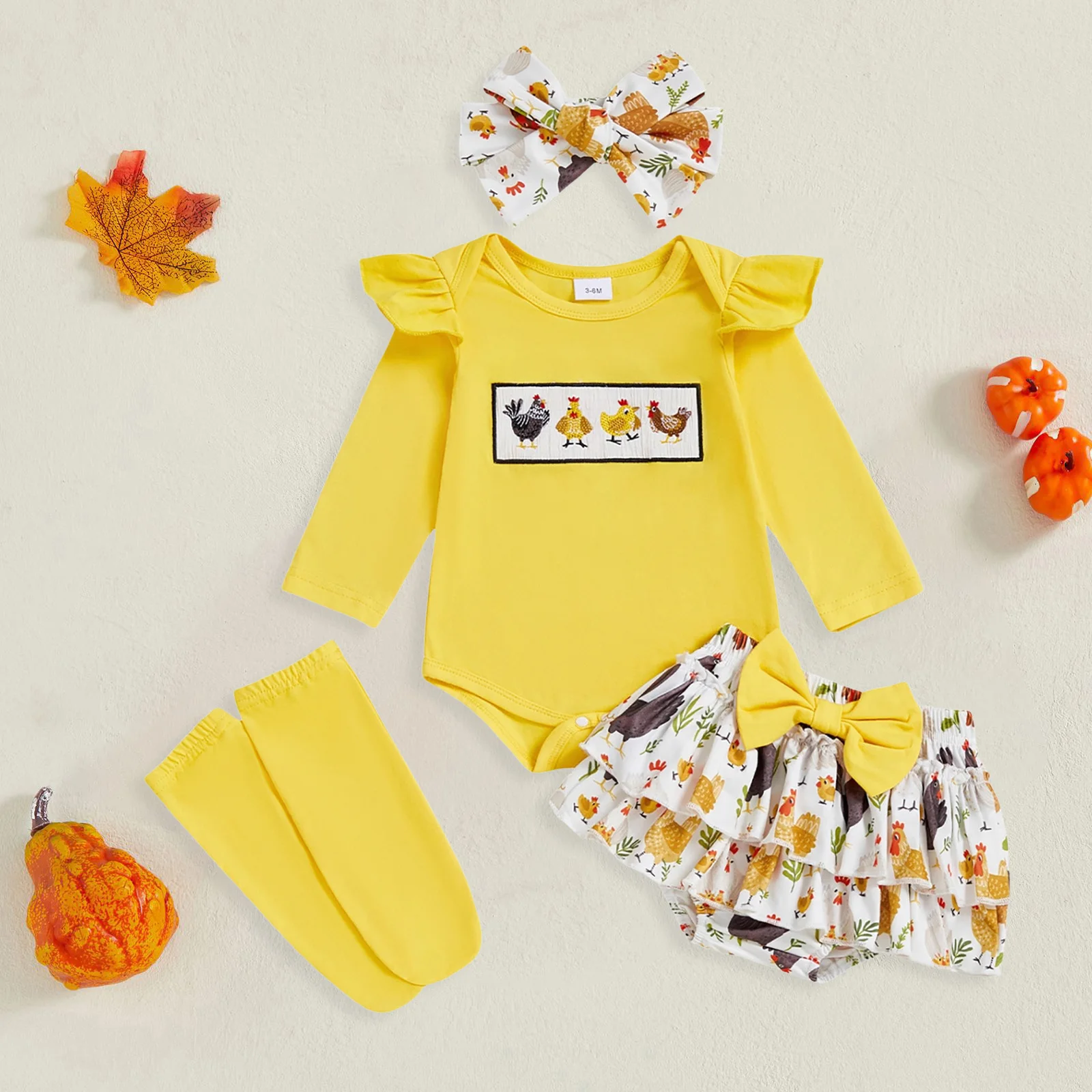 

Girl Clothes Little Baby Newborn Baby Girl Farm Outfit Chick Print Ruffle Romper Shorts Headband Socks 3 Month Baby Girl Clothe