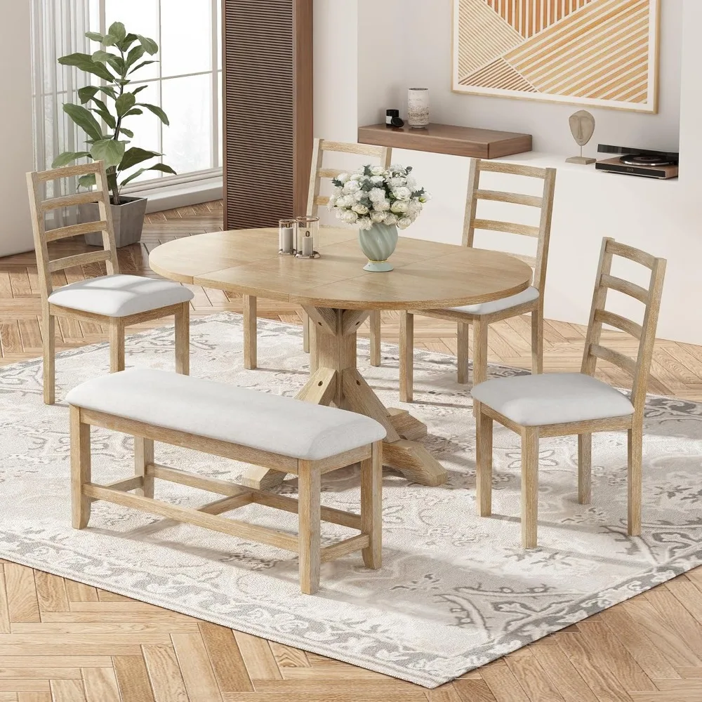 

Masterpiece 6 Piece Dining Table Set, 60inch Extendable Dining Table With 18inch Removable Leaf, Bench And 4 Ladder Back Di