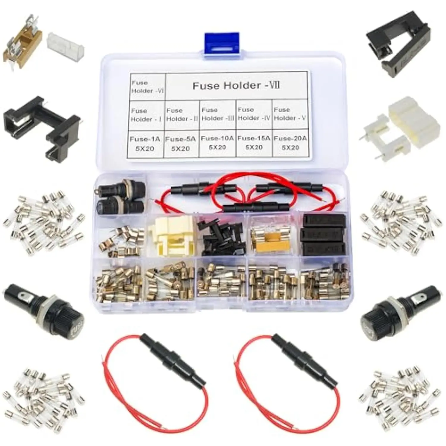 Fuses & Fuse Holders 5X20mm 250V Kit, 1A/5A/10A/15A/20A F1AL250V F5AL250V F10AL250V F15AL250V F20AL250V Quick Blow Glass