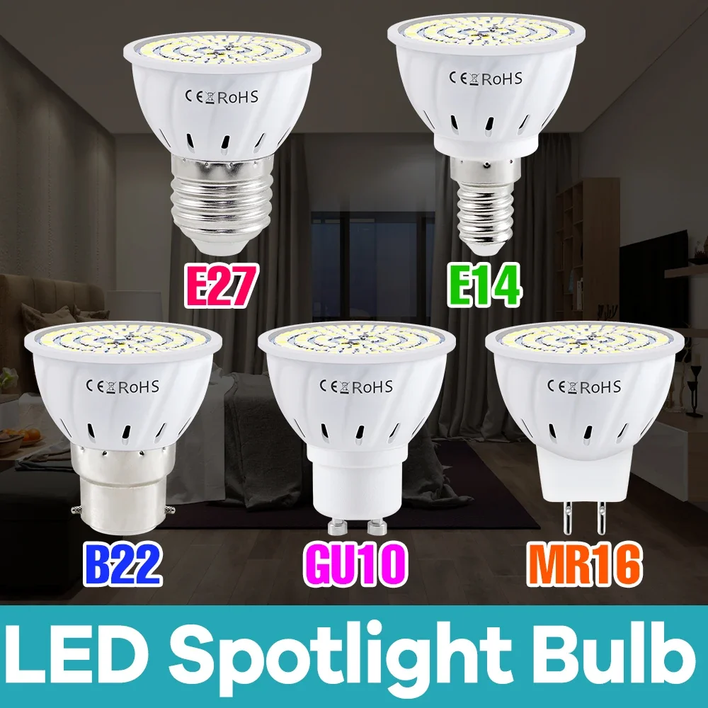 Lâmpada LED GU10 MR16 E27 E14 GU5.3, Lâmpada Spot 220V, Substituta de Lâmpada Halógena para Iluminação Residencial