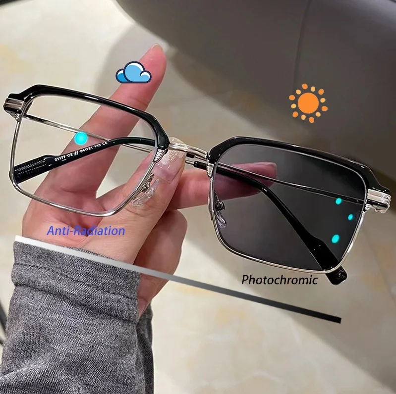 Photochrome Anti Strahlung Gläser Koreanische Quadratische Metall Männer Frauen Brillen Mode Anti Blaues Licht Glas Schatten – Detail 1