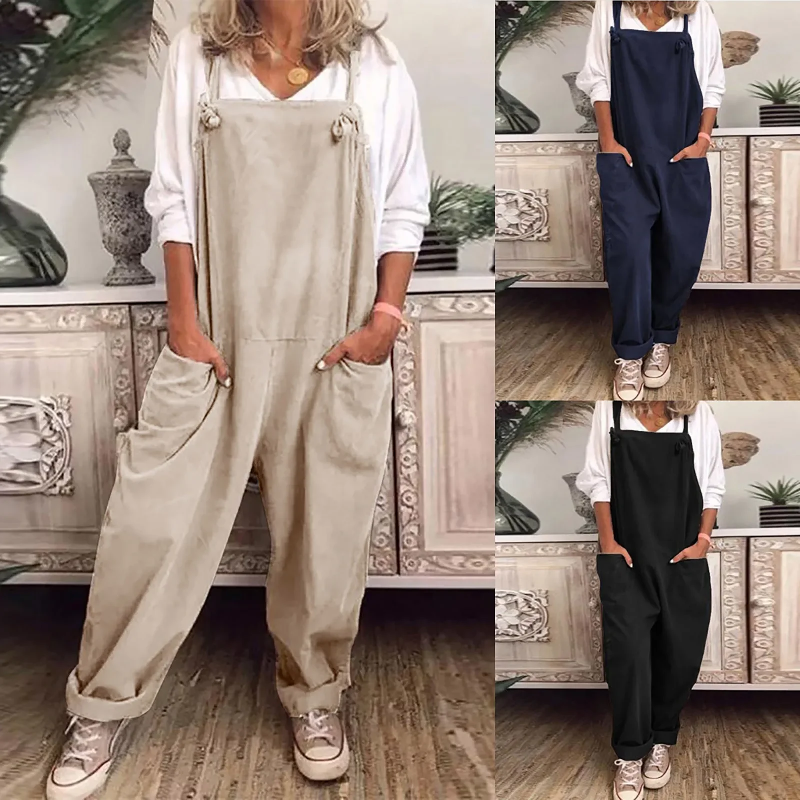 Solid Color Women Loose Knot Tie Cotton Linen JumWomens Plus Size Overalls Casual Loose Dungarees Romper Baggy Playsuit Jumpsuit