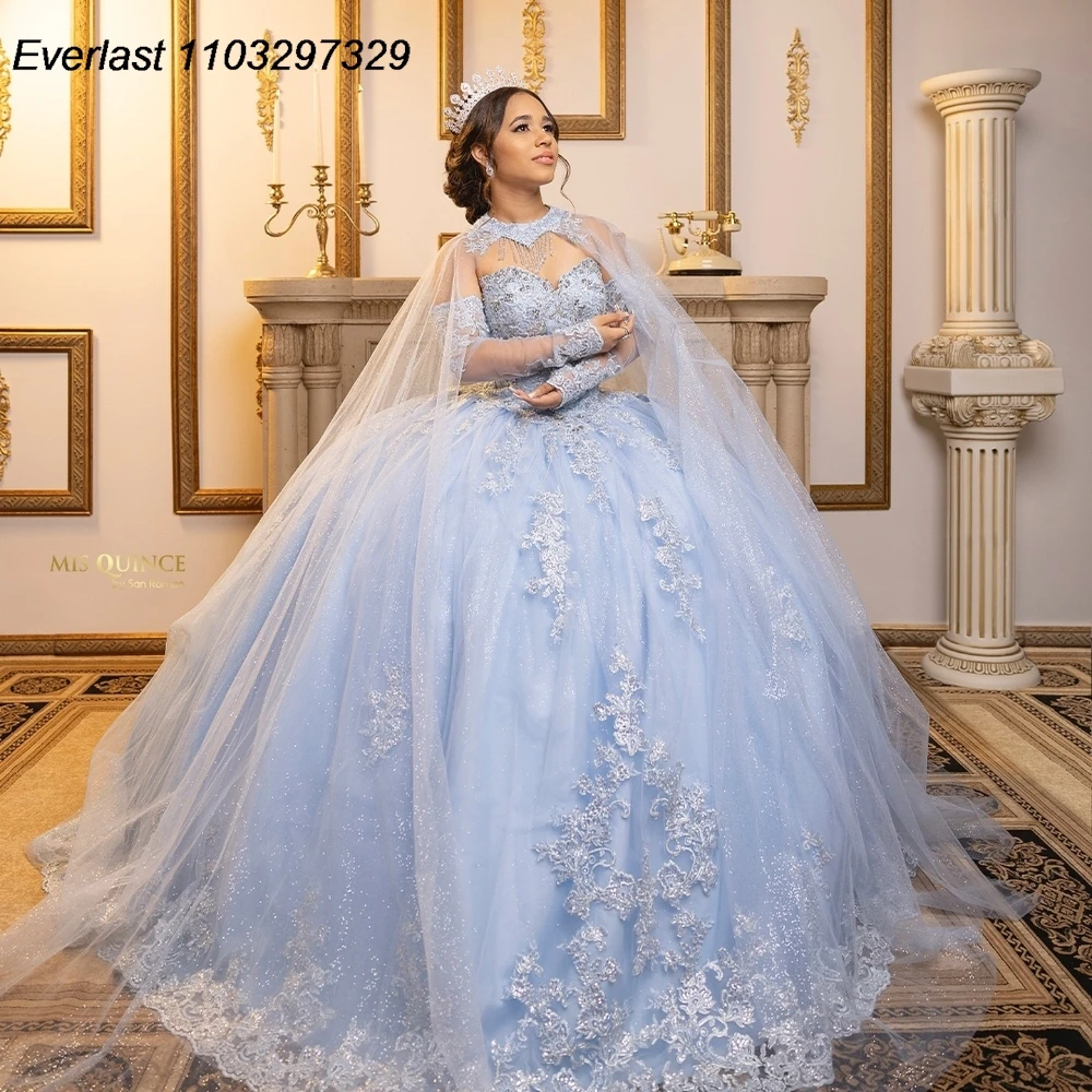 

EVLAST Customized Sky Blue Quinceanera Dress Ball Gown Lace Applique Beading Cape Sweet 16 Vestido De 15 Anos Customized QD1192