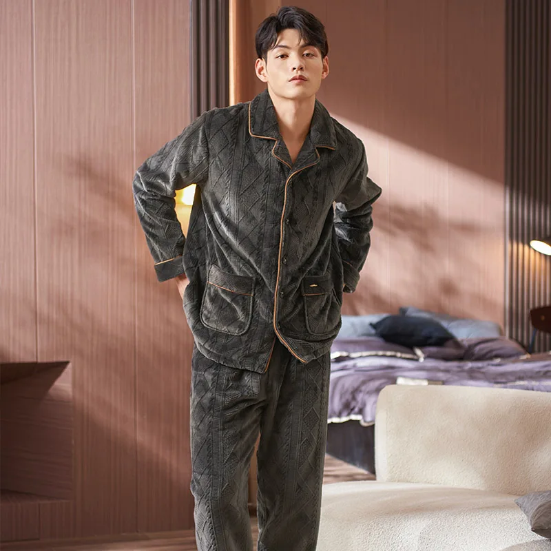 

Thick Velvet Coral Fleece Pajamas Men Warm Flannel Jacquard Long-Sleeved Autumn And Winter Home Service Suit Pyjamas Male M-XXXL