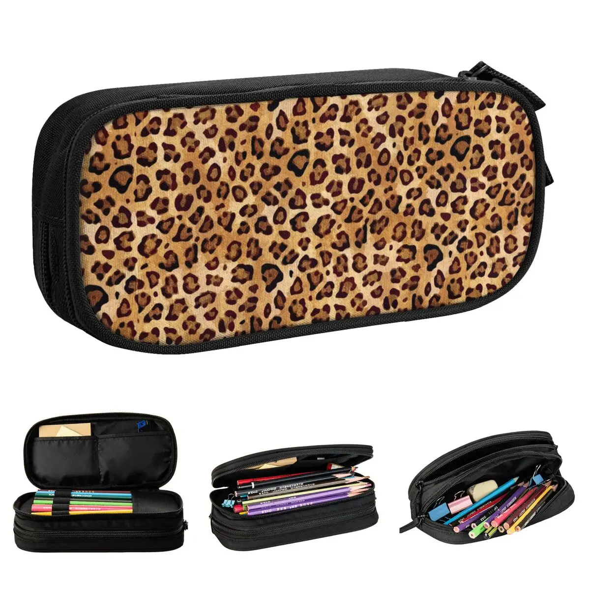 Rustic Texture Leopard Print Pencil Case Fashion Pencil Pouch Pen Student Large Storage Pencil Bags Students School Stationery