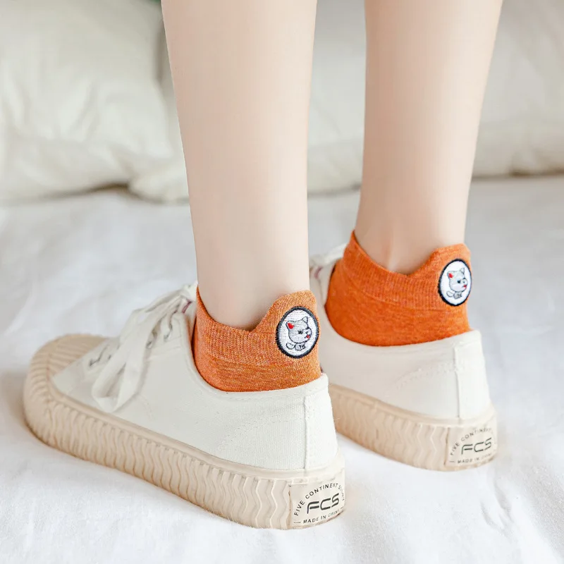 5 Pairs Spring Summer Women Solid Color Embroidered Cartoon Socks High Quality Animal Pattern Comfortable Breathable Boat Socks