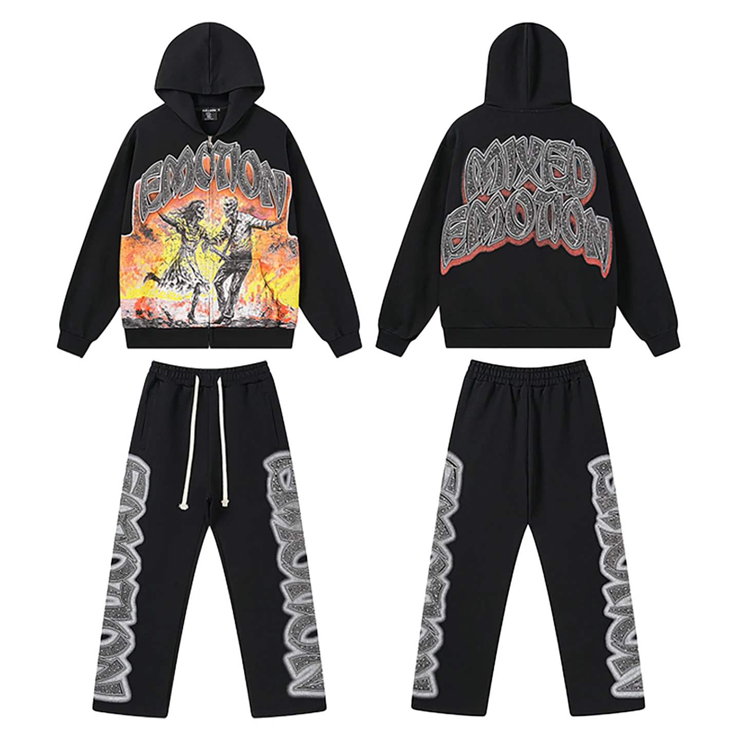 

American Street Style Hoodie Sweatshirt Flame Skull Letter Rhinestone Print Zipper Unisex Loose Outerwear Casual Wear