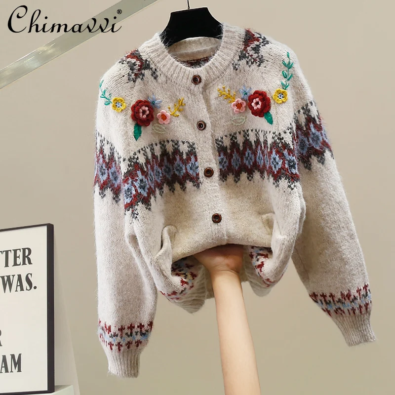 

Korean Fashion Heavy 3D Flower Round Neck Sweater Coat Autumn Winter New Sweet Girl Loose Elegant Knitted Cardigan for Women