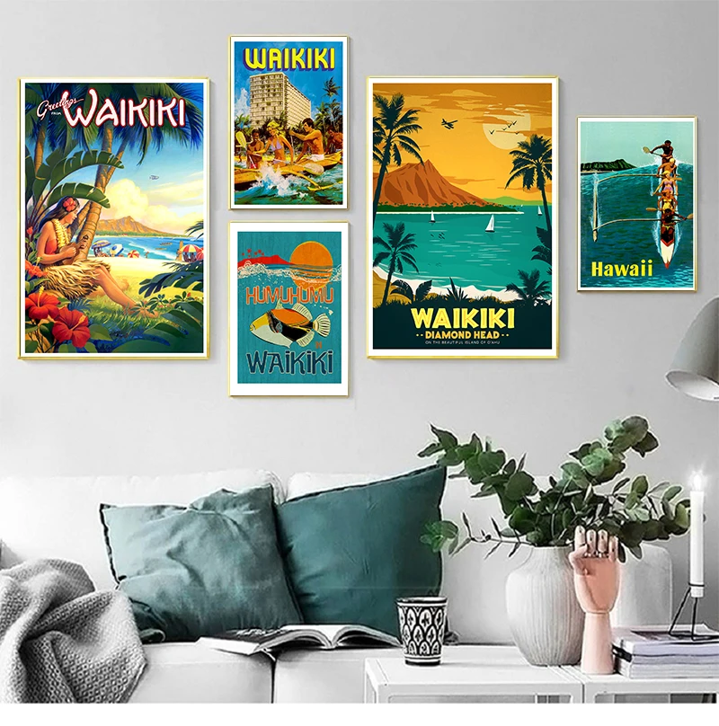 Summer Surfing at Waikiki Hawaii Travel Canvas Painting Vintage Wall Kraft Posters Coated Wall Stickers Home Decor Picture Gift