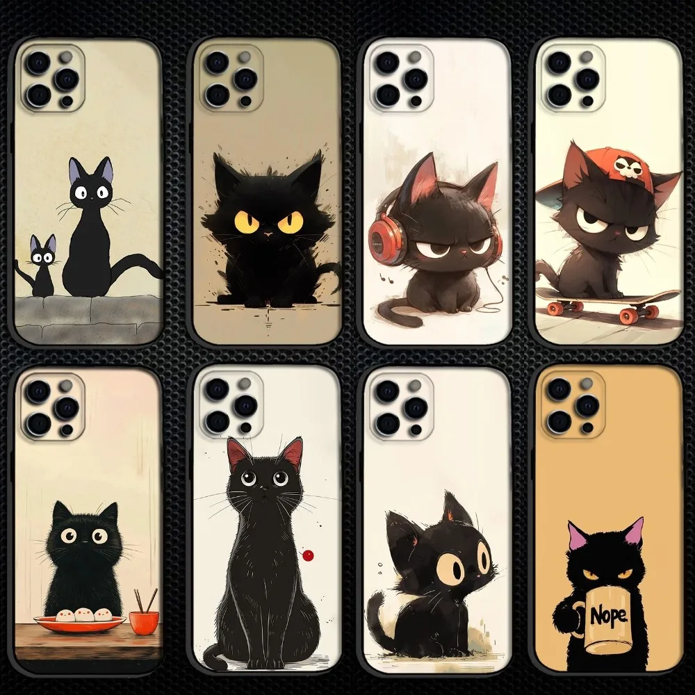 

Black Cat Cartoon Phone Case For iPhone 16,15,14,13,12,11 Plus,Pro Max, Soft Silicone Black Cover