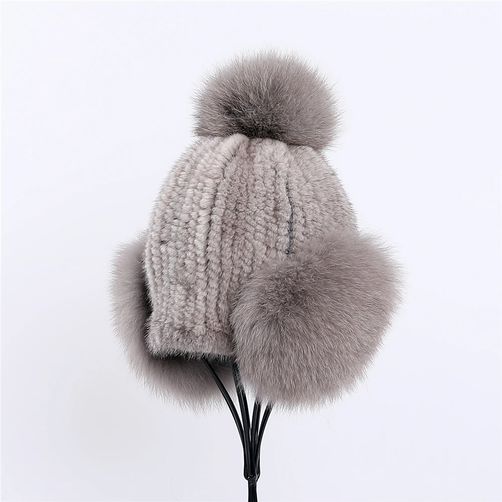 Luxury Women\'s Winter Warm 100% Genuine Mink Fur Knitted Beanie Hat Bomber Caps Fox Fur Ear Warmer Cover Hats Pom Pom Elastic