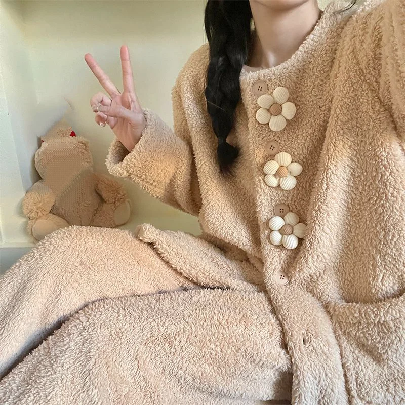 Korean Style Women's Pajama Set Long Sleeve Winter Warm Sleepwear Cozy Comfortable Loungewear Homewear Autumn New Model Suit